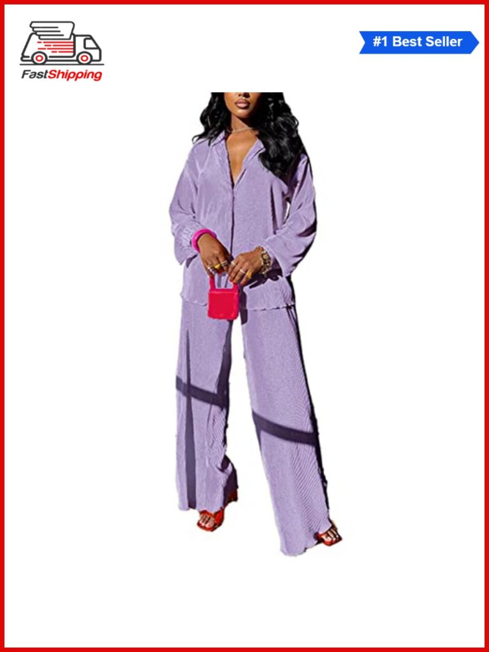 ✨kaimimei Plisse 2 Piece Set Shirt & Wide Leg Pants Women's Outfit